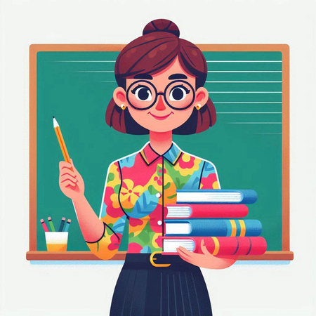 Teacher with books and pencil in front of blackboard. Vector illustrationのイラスト素材