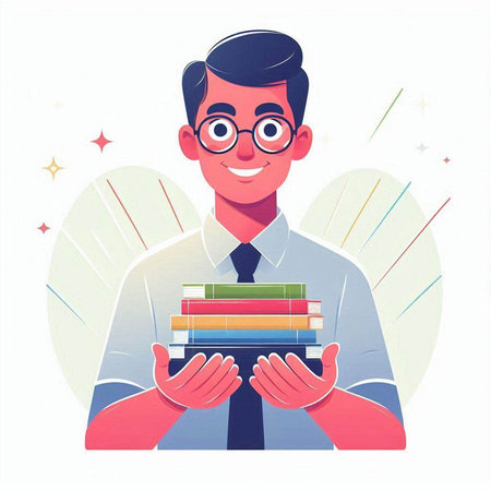 Happy man holding pile of books. Vector illustration in cartoon style.のイラスト素材