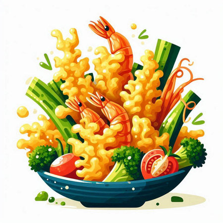 Illustration of a bowl full of cooked noodles with shrimp and vegetablesのイラスト素材