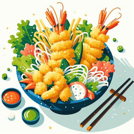 Shrimp tempura in a bowl with chopsticks. Vector illustration.のイラスト素材
