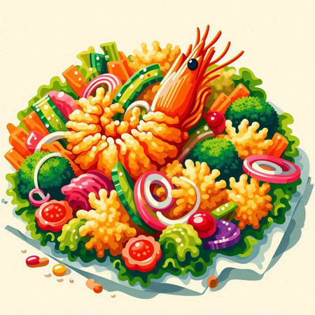 Illustration of shrimps and vegetables on a plate. Vector illustration.のイラスト素材