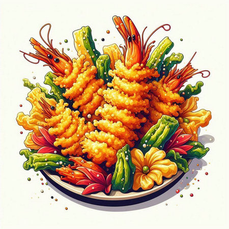 Illustration of a plate of shrimp and zucchini with flowersのイラスト素材