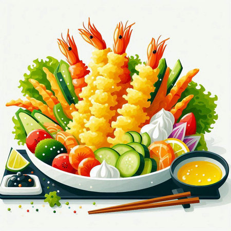 Illustration of a bowl of shrimps and vegetables on a white backgroundのイラスト素材