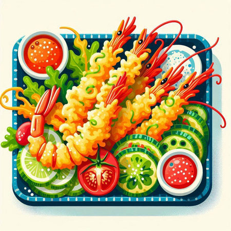 Illustration of a plate of prawns with sauce and vegetablesのイラスト素材