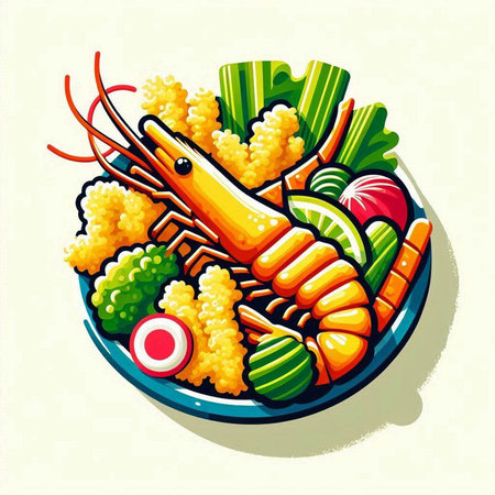 Illustration of shrimps and vegetables on a plate. Vector illustration.のイラスト素材