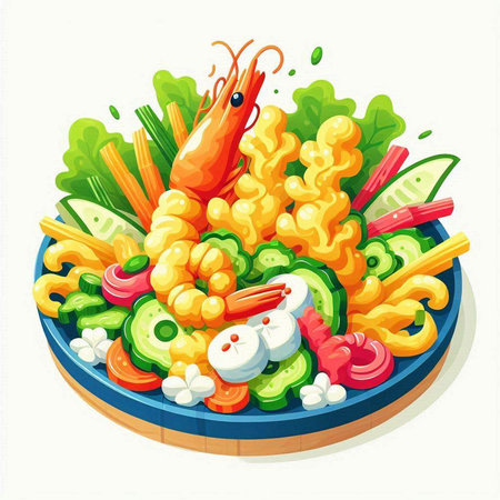 Illustration of a plate of noodles with shrimps and vegetablesのイラスト素材