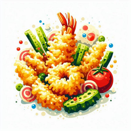 Illustration of pasta with shrimps and vegetables on white backgroundのイラスト素材