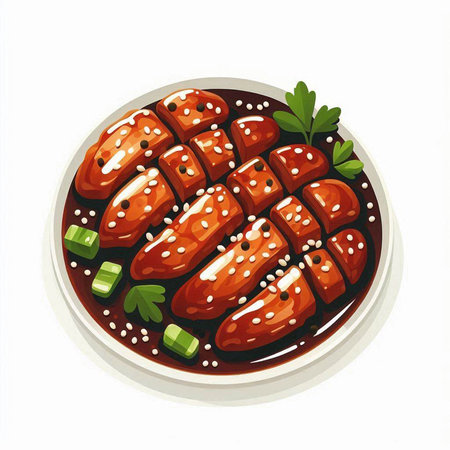 Illustration of a bowl of sesame chicken on a white backgroundのイラスト素材