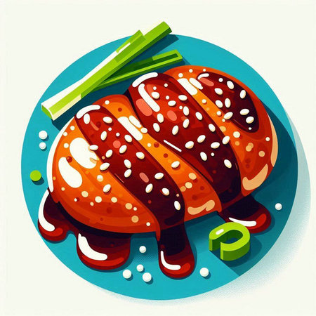 Illustration of a piece of meat on a plate with sauce.