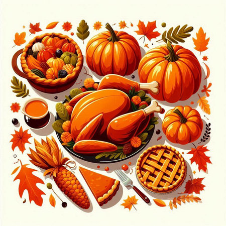 Thanksgiving day background with pumpkins, berries and pie. Vector illustration.のイラスト素材