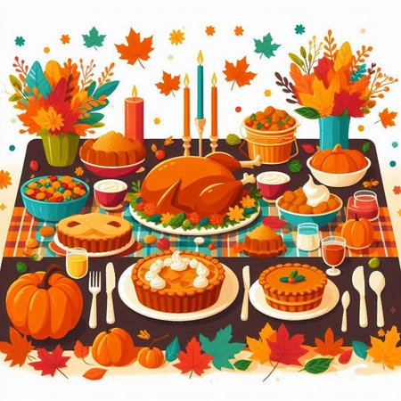 Thanksgiving dinner with turkey, pumpkin pie, candies and autumn leaves on wooden tableのイラスト素材