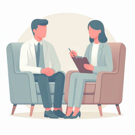 Psychotherapist or psychotherapist talking with patient. Man and woman sitting in armchairs and talking. Vector illustrationのイラスト素材