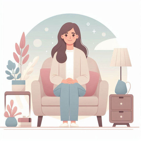 Young woman sitting in armchair at home. Vector illustration in flat styleのイラスト素材