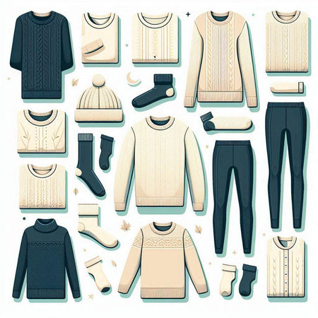 Vector set of knitted winter clothing. Sweater, sweater, pants, socks, socks.のイラスト素材
