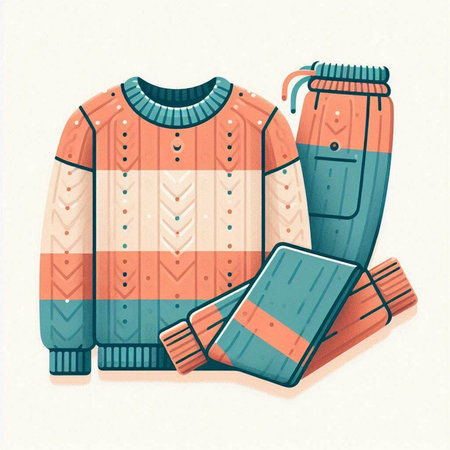 Vector illustration of a sweater with a scarf and a flask. Winter clothes.のイラスト素材
