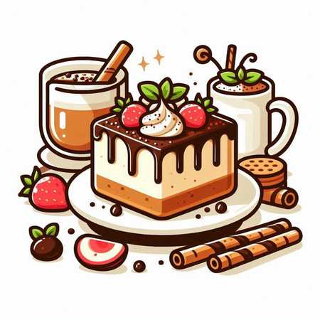 Coffee and cakes on the white background. Vector illustration.のイラスト素材