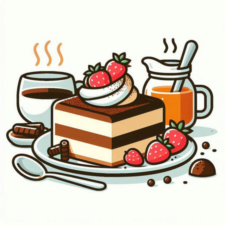 Illustration of a tiramisu cake with two cups of coffeeのイラスト素材
