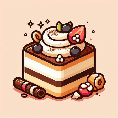 Vector illustration of a slice of cake with cream and berries on top.のイラスト素材