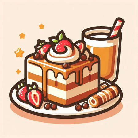 Cake with whipped cream, chocolate and strawberries. Vector illustration.のイラスト素材