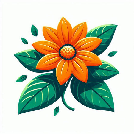 Bright orange flower with green leaves on a blue background. Vector illustration.のイラスト素材