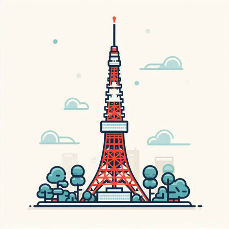 Tokyo tower, Japan. Vector illustration in flat linear style.のイラスト素材