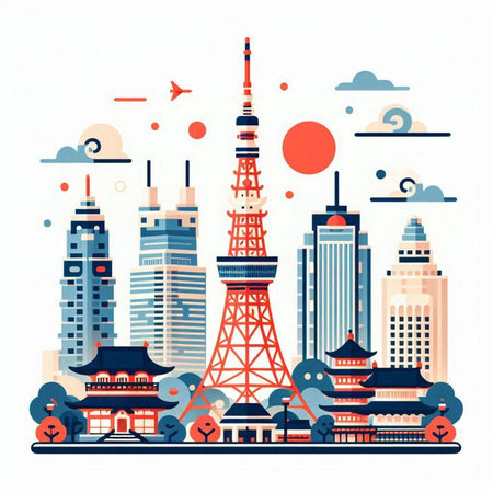 Tokyo, Japan city skyline with famous landmarks. Vector illustration.のイラスト素材