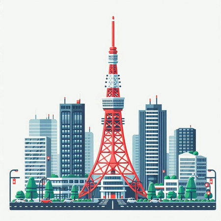 Tokyo tower, Tokyo, Japan. Vector illustration in flat style.のイラスト素材