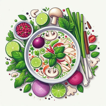 Vector illustration of Thai Cuisine. Noodle soup with chicken, vegetables and herbs.のイラスト素材