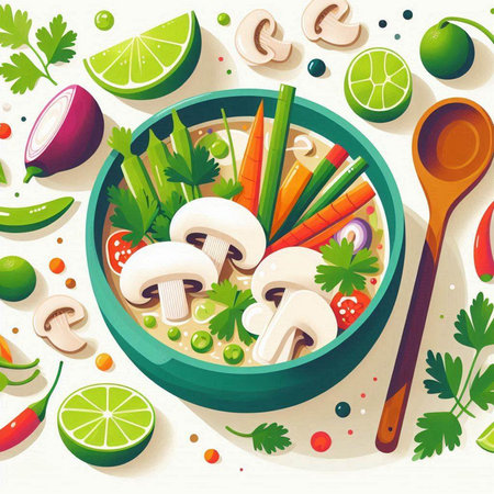 Mushroom soup with vegetables and herbs in a bowl. Vector illustration.のイラスト素材