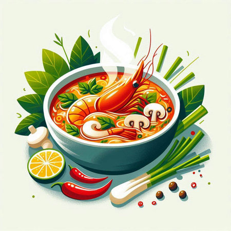Tom yum soup with shrimp, vegetables and spices, vector illustrationのイラスト素材