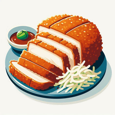 Illustration of a piece of chicken fillet with parsley on a plate