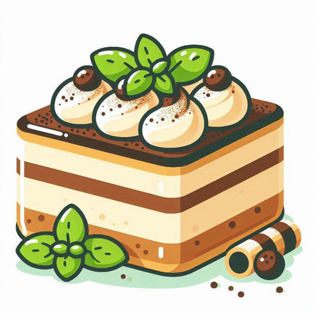 Piece of cake with whipped cream and mint. Vector illustration.のイラスト素材