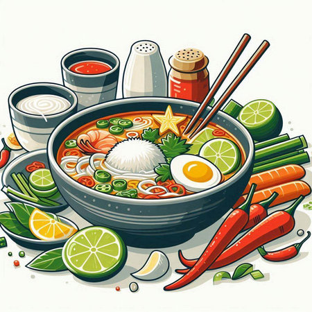 Illustration of spicy soup with shrimps, vegetables and eggs