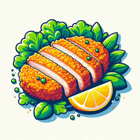 Illustration of fried fish with lemon and parsley on white backgroundのイラスト素材