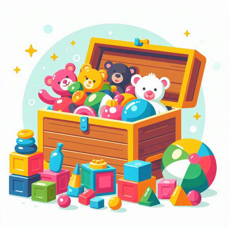 Wooden box full of toys. Vector illustration in cartoon style.のイラスト素材