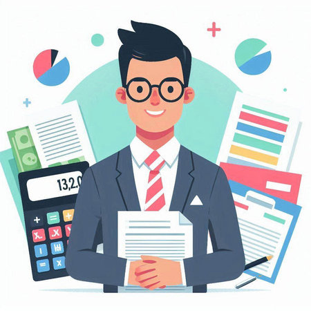 Businessman with documents and calculator. Vector illustration in flat style.のイラスト素材