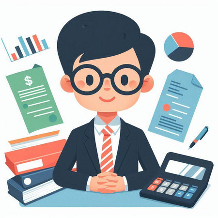 Businessman sitting at the table with documents and calculator. Vector illustration.のイラスト素材
