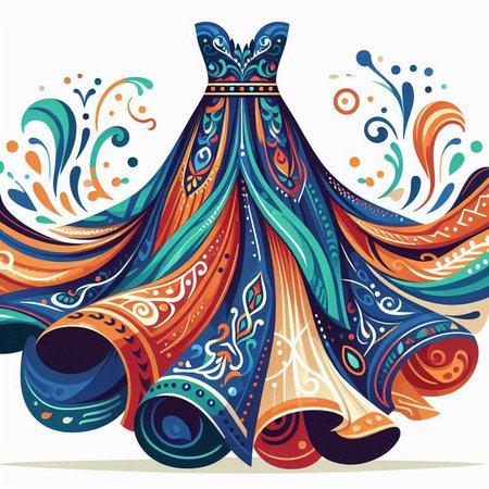 Beautiful wedding dress with floral ornament. Colorful vector illustration.のイラスト素材
