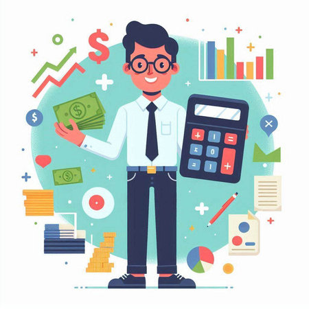 Businessman with calculator and money. Vector illustration in flat style.のイラスト素材