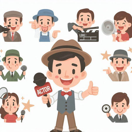 Illustration of a man wearing a hat holding a microphone and giving thumbs upのイラスト素材