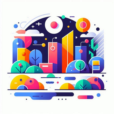 Abstract colorful background with city buildings and trees. Vector illustration for your designのイラスト素材