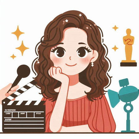 Illustration of a young woman holding a clapperboard and a movie clapperのイラスト素材