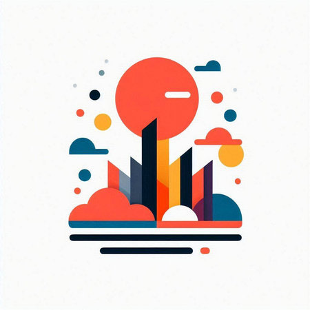Modern city skyline with colorful geometric shapes. Minimal style vector illustration.のイラスト素材