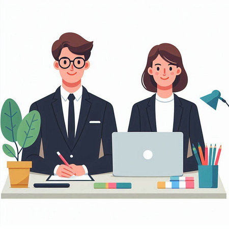 Vector illustration of a businessman and businesswoman working on a laptop.のイラスト素材