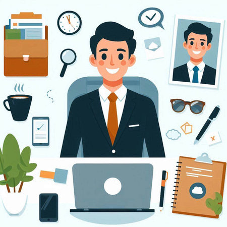 Vector illustration of a young businessman working at his desk in office.のイラスト素材