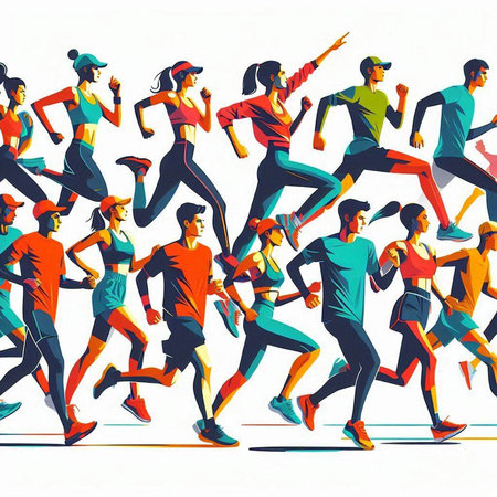 Running people. Vector illustration of a group of people jogging.のイラスト素材