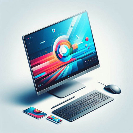 Modern computer monitor, keyboard, mouse and phone. Vector illustration.