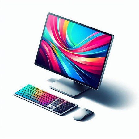Computer monitor with keyboard and mouse on white background. Vector illustration.