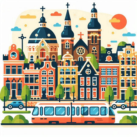 Cityscape of Amsterdam, Holland, Netherlands. Vector illustration in flat styleのイラスト素材