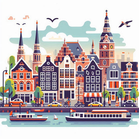 Amsterdam city. Netherlands. Vector illustration in flat design style.のイラスト素材